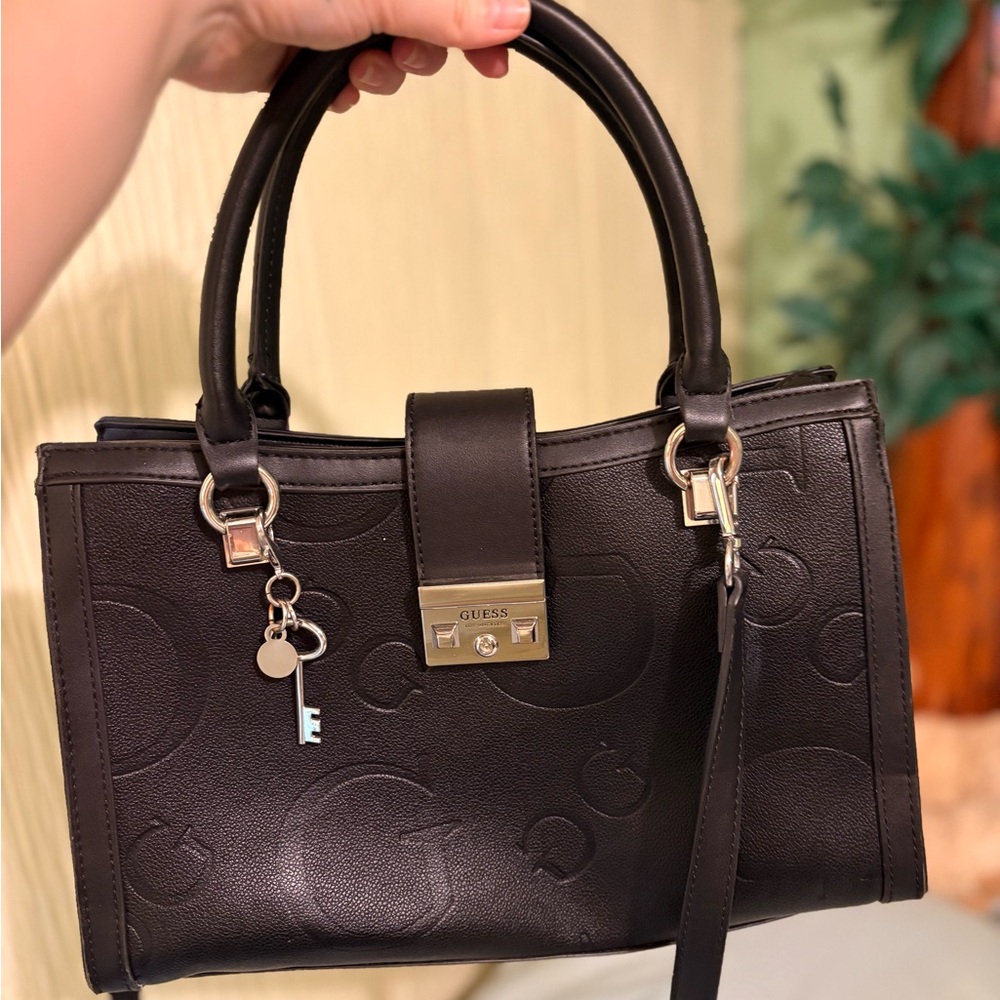 Guess Black Embossed Logo Satchel with Key Charm